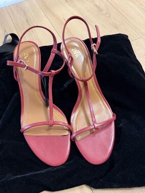 Zara Red T-Strap High Heel Sandals